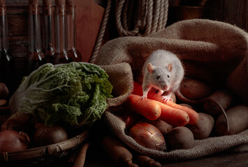 Rat in an old barn with vegetables.