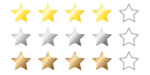 Fototapeta premium Star review rating vector icons. Collection of stars for different levels ratings gold, silver, bronze. Website product review stars. Rating Stars. Five stars customer product rating.