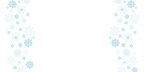 Vector. Elegant white Christmas background with various blue snowflakes. Festive banner, frame from golden snowflakes. Copy space for text. Merry Christmas and Happy New Year. Light background.