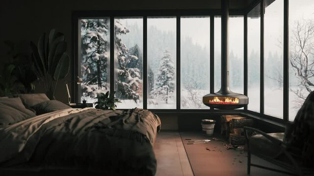 Cozy bedroom with fireplace. Snow outside the window. Cozy apartment in a winter hotel. Eco hotel in the winter forest. Beautiful winter landscape outside the window. Guest houses in winter forest. 3D