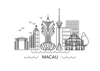 Macau lineart illustration. Macau, China line drawing. Modern style Macau city illustration. Hand sketched poster, banner, postcard, card template for travel company, T-shirt, shirt. Vector EPS 10