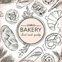 Vector seamless pattern with hand drawn bakery products and wheat. Template for bakery logo and banner. Perfect for design in vintage style.