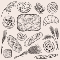 Hand drawn vector set in vintage style. Sketch of fresh bakery products: bread, croissant, baguette, cookies; biscuits; brioche; pretzel; strudel