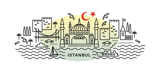 Fototapeta na wymiar Istanbul lineart illustration. Istanbul holiday travel line drawing. Modern flat style Istanbul illustration. Hand sketched poster, banner, postcard, card template for travel company, T-shirt, shirt