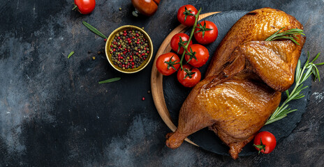 Smoked Chicken with a Golden crust with rosemary and cherry tomatoes on dark background, banner, menu, recipe place for text, top view