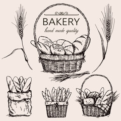Set of sketch illustrations of bread basket and bakery products. Template for bakery banner. Vector illustration in vintage style.