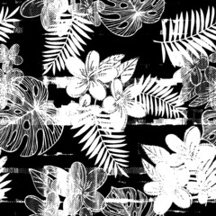 Abstract seamless pattern with tropical flowers leaves silhouette, line drawing. Hand drawn retro styled vector illustration for fabric, wrapping texture, textile, wallpaper, cool graphic art