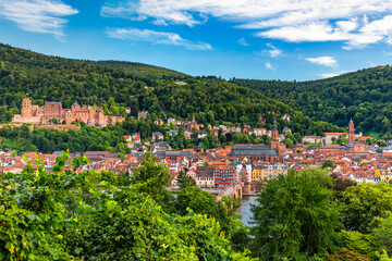 Fototapeta na wymiar Heidelberg skyline aerial view from above. Heidelberg skyline aerial view of old town river and bridge, Germany. Aerial View of Heidelberg, Germany Old Town. Video of the aerial view of Heidelberg.