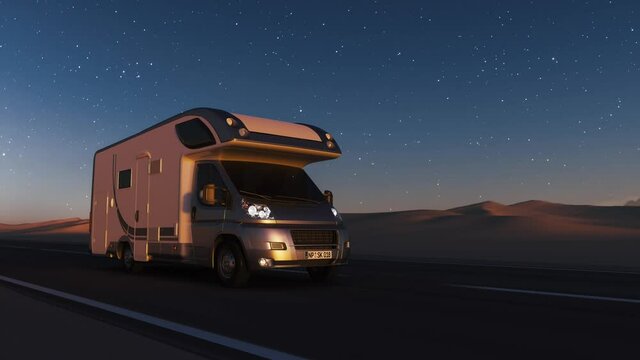 The car drives along the desert at night. Travel by dunes at night. Loop video. 3d visualization.