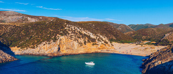 Cala Domestica beach, Sardinia, Italy. Sardinia is the second largest island in mediterranean sea. Sardinia, Cala Domestica beach, Italy. Beach Cala Domestica, Sardegna, Italy.