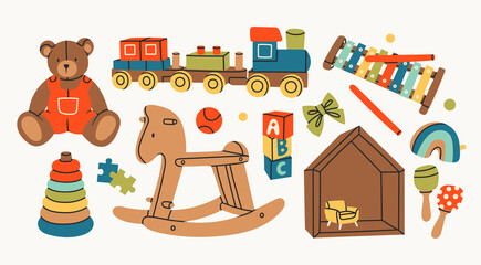 Various Toys for kids. Wooden train, rocking horse, teddy bear, toy cubes, xylophone, pyramid, doll house. Childhood, children games, preschool activities concept. Hand drawn Vector set