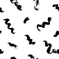 Wavy and swirled brush strokes vector seamless pattern. Black paint freehand scribbles, abstract ink background. Brushstrokes, smears, lines, squiggle pattern. Abstract wallpaper design, textile print