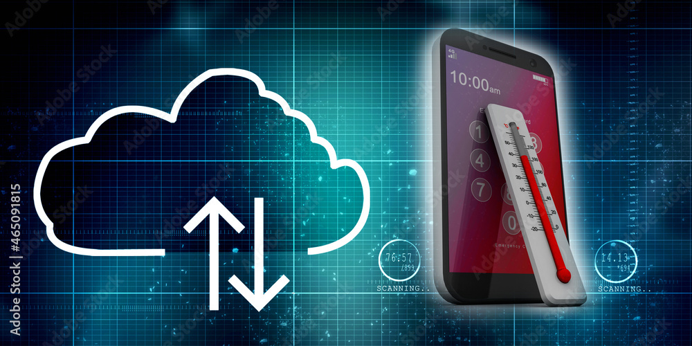 Poster 3d rendering fever checking thermometer with mobile