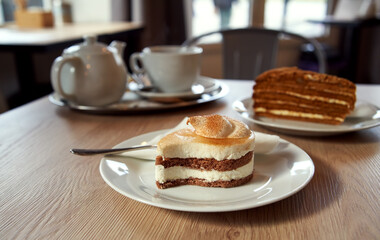 Dessert with cinnamon in a cafe with tea in the background