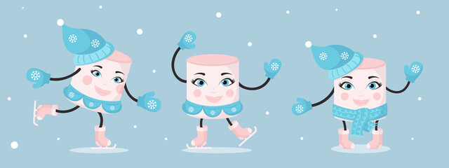 Funny marshmallows characters on winter background.  Cute cartoon abstract figures of sweets in winter clothes. Packaging, Wrapping paper, postcards for Christmas, New Year. Vector illustration