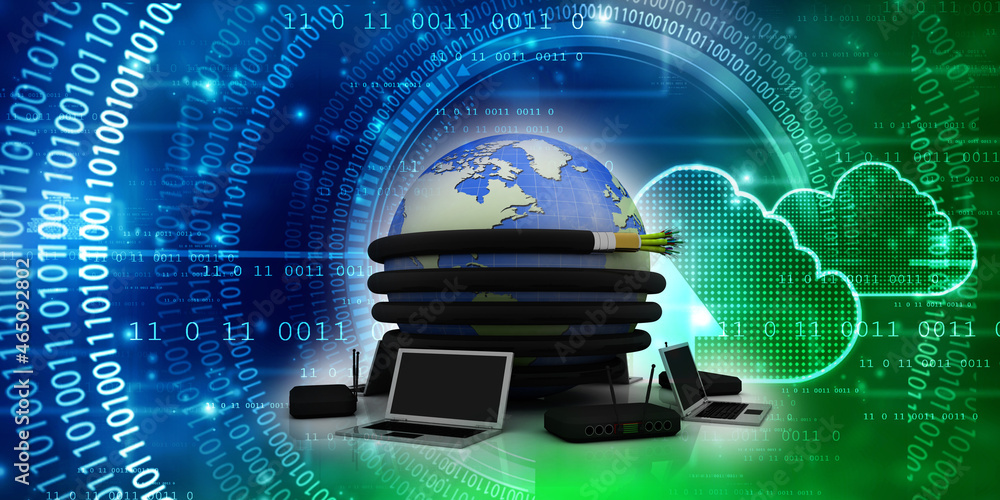 Poster 3d rendering fiber optical cable detail connected globe around computer network