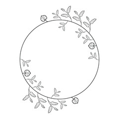 Abstract Black Simple Line Round Circ With Leaf Leaves Frame Flowers Doodle Outline Element Vector Design Style Sketch Isolated Illustration For Wedding And Banner