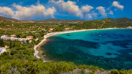 Fototapeta premium Campus beach in Villasimius. Sardinia, Italy. The beautiful coastline of Campus beach (Spiaggia di Campus) and its turquoise sea, Sardinia, Italy.