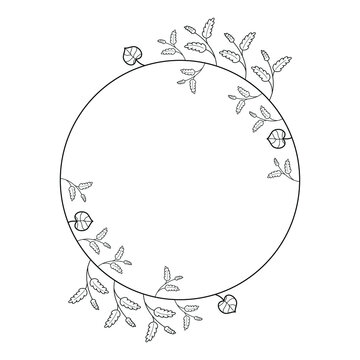 Abstract Black Simple Line Round Circ With Leaf Leaves Frame Flowers Doodle Outline Element Vector Design Style Sketch Isolated Illustration For Wedding And Banner