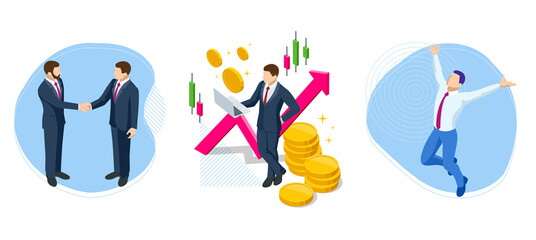 Isometric Successful business collaboration. B2B. Data and key performance indicators for business intelligence analytics. Businessmen shaking hands