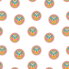 Multi-colored suns with human faces. Seamless pattern for decoration for Shrovetide and spring holidays. Children's illustration in a minimalist style, drawing by hands. Print for textiles.