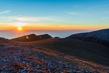 Mountain landscape view at sunrise from Mount Olympus in Greece