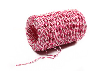 Red white rope yarn strings isolated on white  