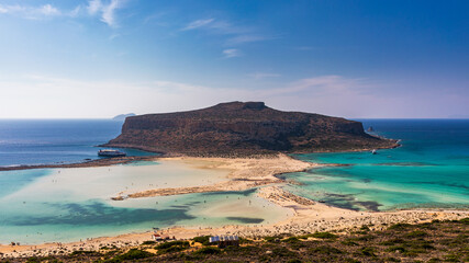 Amazing beach with turquoise water at Balos Lagoon and Gramvousa in Crete, Greece. Cap tigani in the center. Balos beach on Crete island, Greece. Landscape of Balos beach at Crete island in Greece.