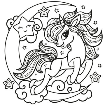 Cartoon cute unicorn jumping on the moon. Black and white linear image. Magic illustrations of animals. For children's design of coloring books, prints, posters, stickers, cards, badges, etc. Vector.