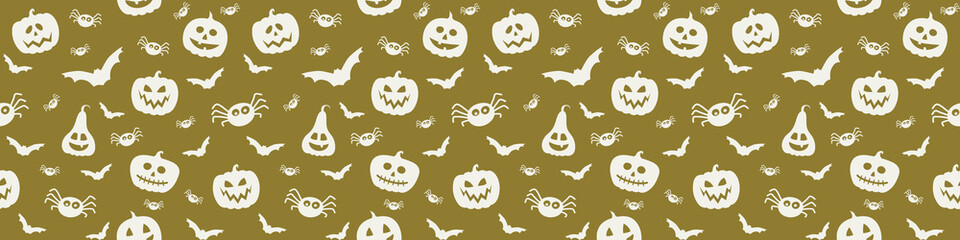 Banner with funny pumpkin lanterns, bats and spiders. Halloween seamless pattern. Vector