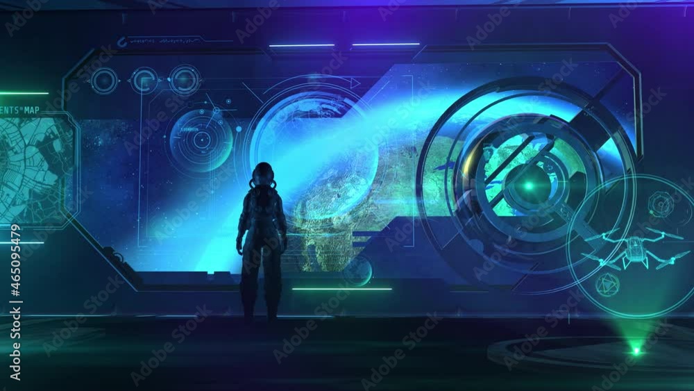Poster the astronaut collects data about the earth from orbit, 3d render.