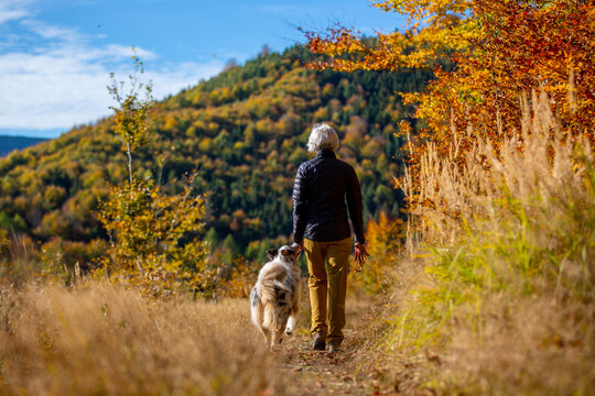 Woman and Australian Shepherd dog on an autumn walk.