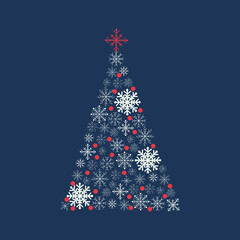 Greeting card with Christmas tree in the form of blue and red snowflakes. Winter decoration, banner. Vector illustration