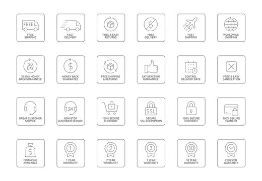 E-commerce, online shopping line icons set. Modern graphic design concepts, simple outline elements collection.