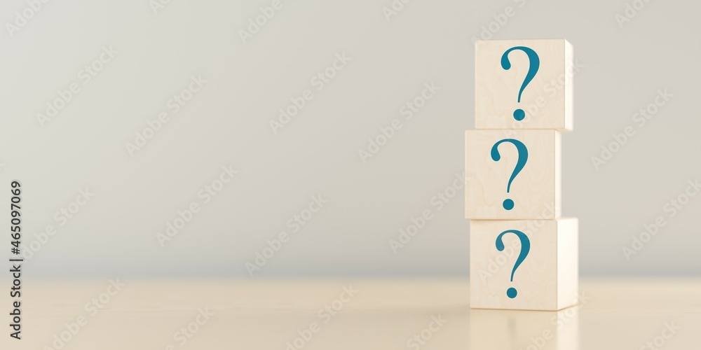 Poster three wooden blocks or cubes with question mark symbol icons stacked on wooden table, faq, questions