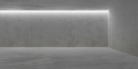 Abstract empty, modern concrete room with indirect lighting from backwall recess and rough floor - industrial interior background template