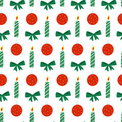 Christmas, New Year seamless pattern. Xmas bow, candle, ball repeat print. Winter holidays design on white background.