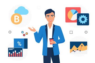 Cryptocurrency market trader, buying and selling bitcoin. Monitoring blockchain finance investment trends , flat vector design isolated