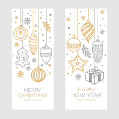 Christmas an New Year Hand drawn retro banner set with balls, toys and snowflakes, for xmas design in gold and silver retro style. Vector illustration on white background.