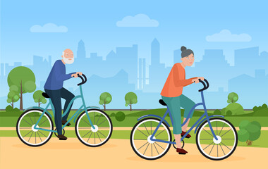 Obraz premium Two people ride bicycle pedaled on cityscape background, healthy lifestyle. Elderly athletes, gray-haired cyclists, flat vector image