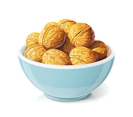 Walnut. Hill of nut in ceramic bowl. Useful fruit. Isolated on white background. Eps10 vector illustration.