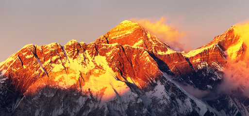 Mount Everest Lhotse sunset Nepal Himalayas mountains - obrazy, fototapety, plakaty
