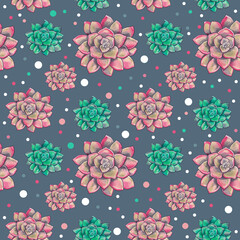 Succulent houseplant, flower seamless pattern. Floral natural illustration for gift wrapping paper, wallpaper, fabric design. High quality illustration