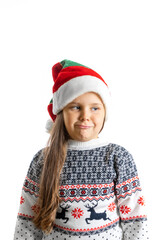 portrait of discontented, disappointed girl in white knitted Christmas sweater with reindeer and dwarf hat with arms crossed on chest, isolated on white background.