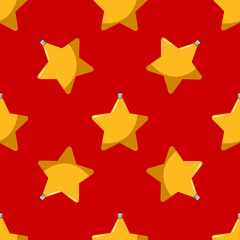 Obraz premium Vector seamless pattern with a yellow star Christmas tree toy on a red background.