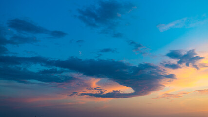 Sunset or sunrise sky above the sea. Nature, weather, atmosphere, travel theme. Sunrise or sunset over the sea. Panorama