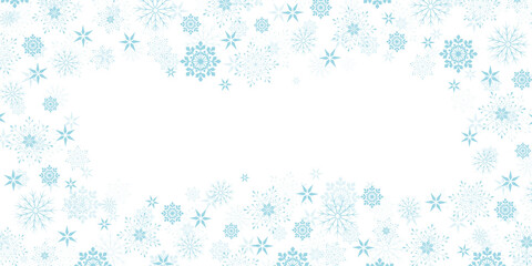 Vector. Winter snowflakes border trendy background. Frame flying close-up snowflakes border illustration, card or banner with confetti flakes scatter frame, snowy elements. Freeze cold. White.