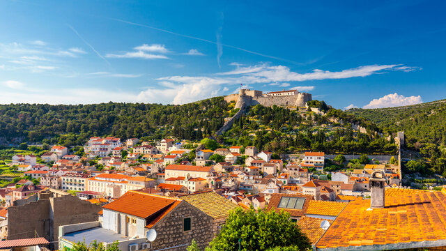 Amazing historic town of Hvar aerial view, Dalmatia, Croatia. Island of Hvar bay aerial view, Dalmatia, Croatia. Harbor of old Adriatic island town Hvar. Popular touristic destination of Croatia.