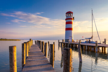 Lighthouse at Lake Neusiedl, Podersdorf am See, Burgenland, Austria. Lighthouse at sunset in...