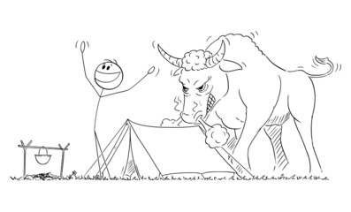 Fototapeta na wymiar Happy Person Enjoying Morning Near Tent , Angry Bull in Behind Him , Vector Cartoon Stick Figure Illustration